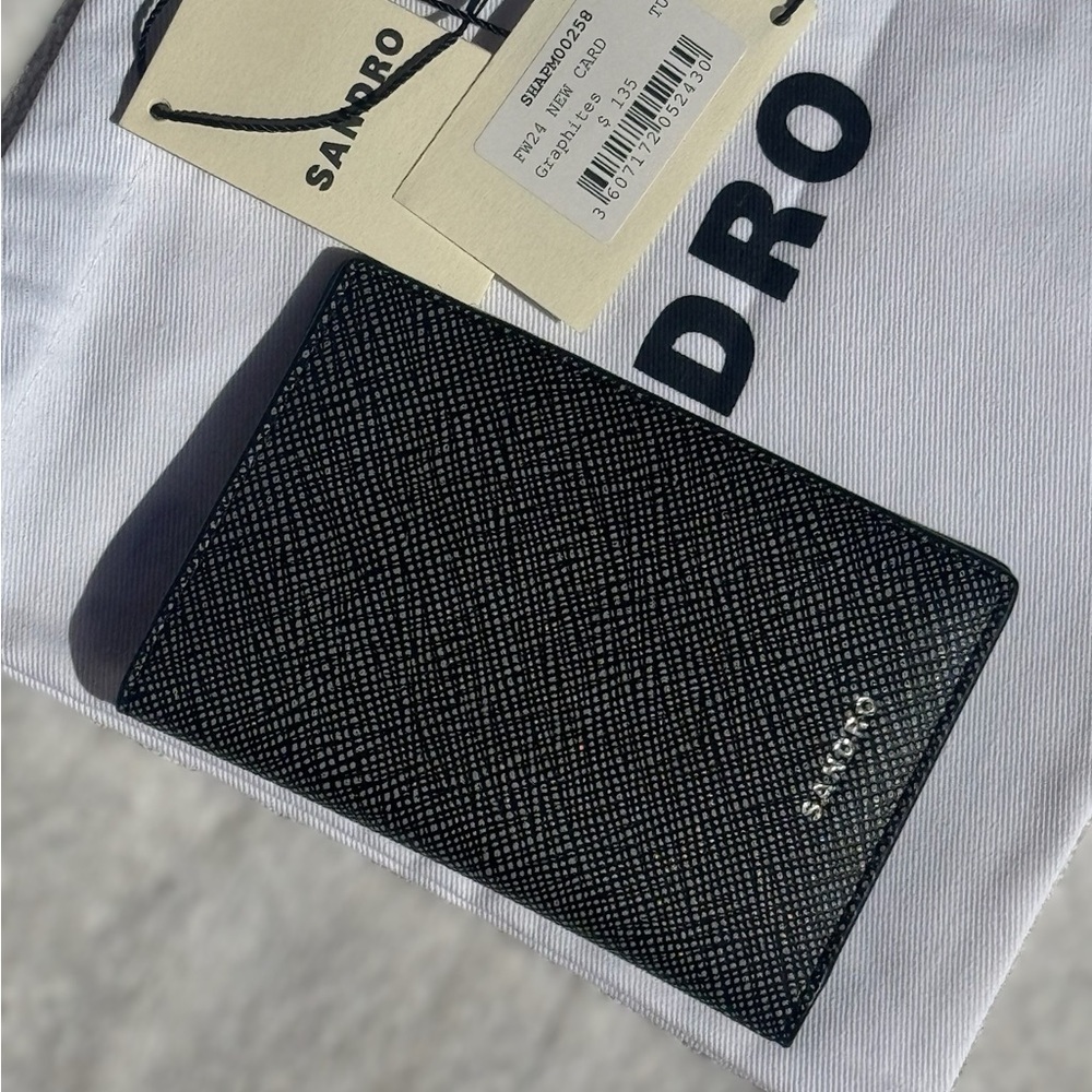 Sandro Black Textured Leather Card Wallet with Silver Logo - Picture 2 of 5